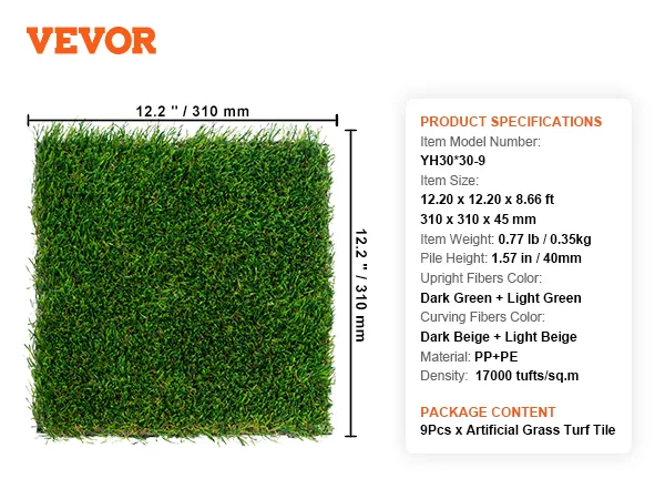 VEVOR artificial grass tiles, 12.2" squares, dark and light green fibers, package includes 9 pieces.
