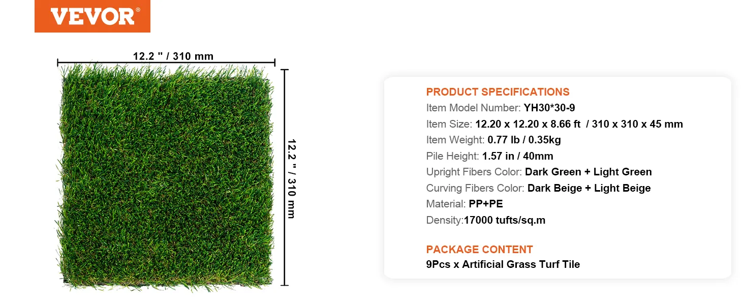 VEVOR artificial grass tiles, 12.2" squares, dark and light green fibers, package includes 9 pieces.