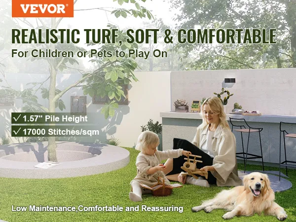 VEVOR artificial grass tiles, realistic turf for children and pets, 1.57" pile height, low maintenance.
