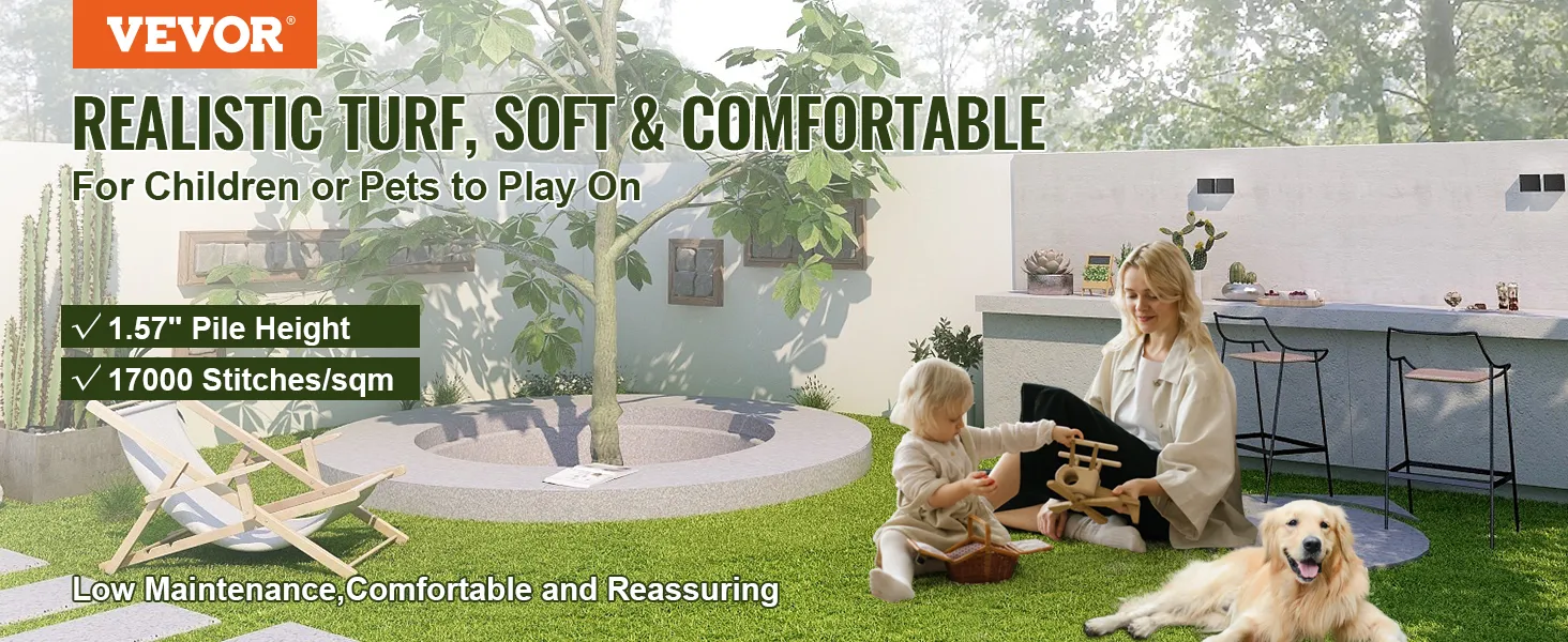 VEVOR artificial grass tiles, realistic turf for children and pets, 1.57" pile height, low maintenance.