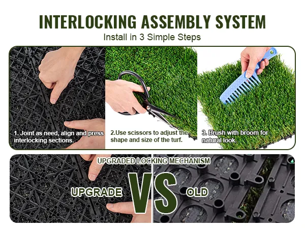 interlocking assembly system of VEVOR artificial grass tiles in three steps, including trimming and brushing.