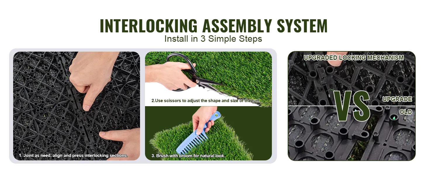 interlocking assembly system of VEVOR artificial grass tiles in three steps, including trimming and brushing.