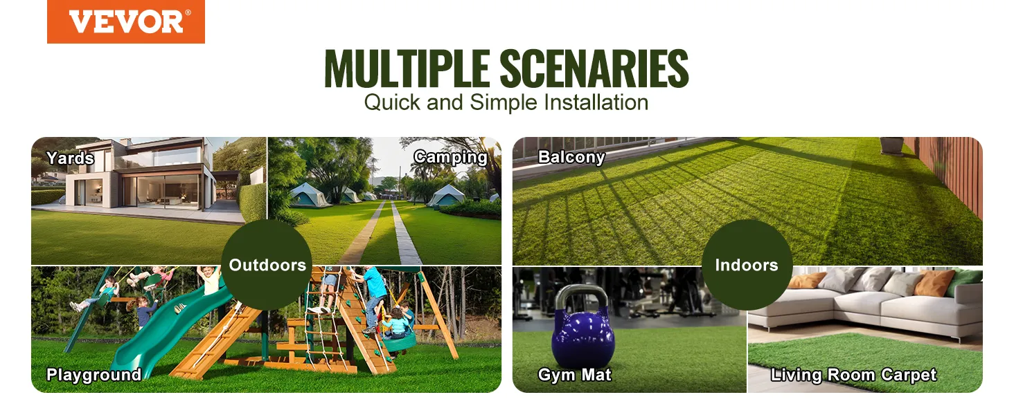 VEVOR artificial grass tiles for yards, camping, balcony, playground, gym mat, and living room carpet.