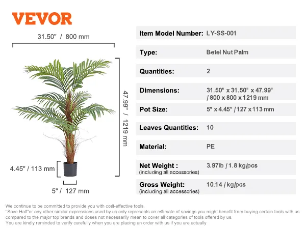 VEVOR kunstpalm afmetingen en details met PE-materiaal en zwarte pot.