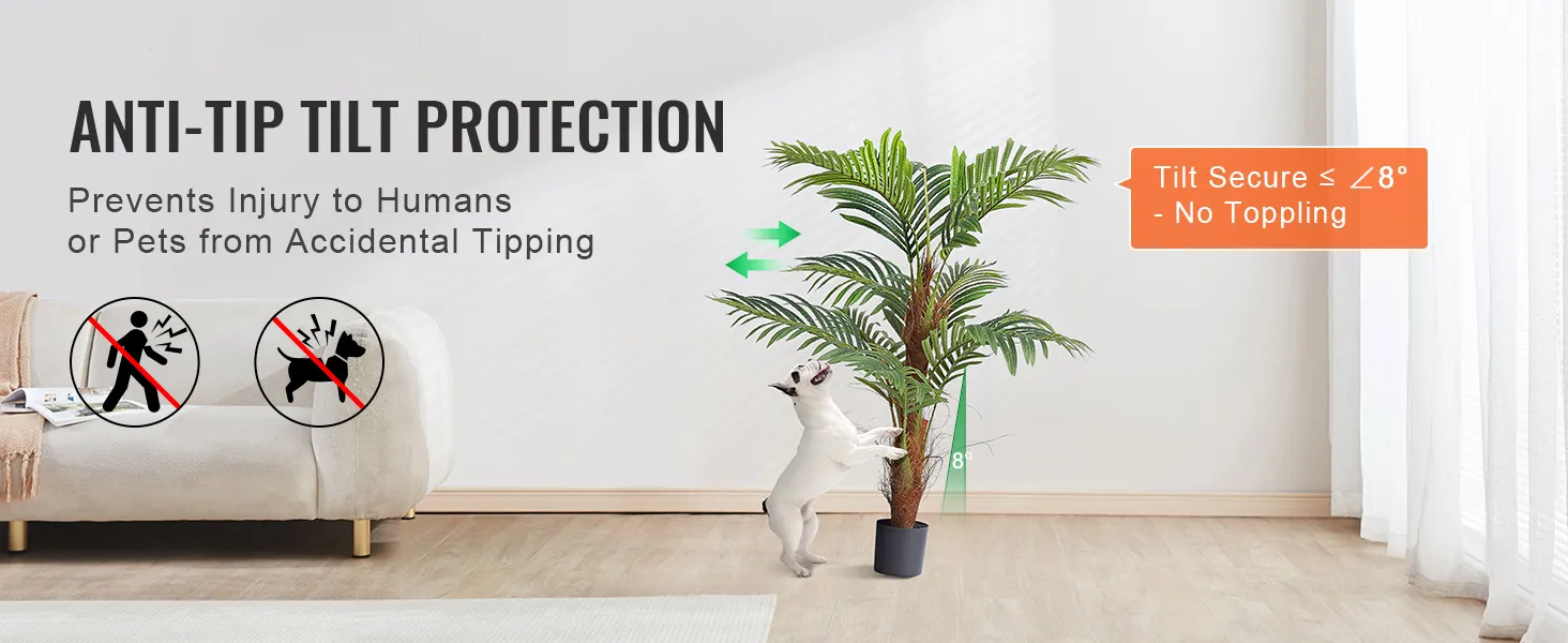 VEVOR kunstpalm met anti-kantelbeveiliging, waardoor de boom veilig is voor mens en dier.