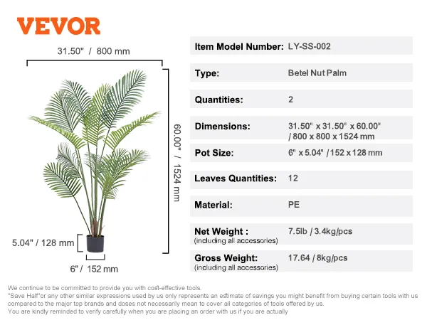 VEVOR artificial palm tree betel nut palm, 31.50"x31.50"x60.00", 6" pot, 12 leaves, pe, 7.5lb.
