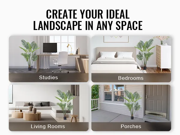 VEVOR artificial palm tree in various spaces: bedrooms, studies, living rooms, and porches.