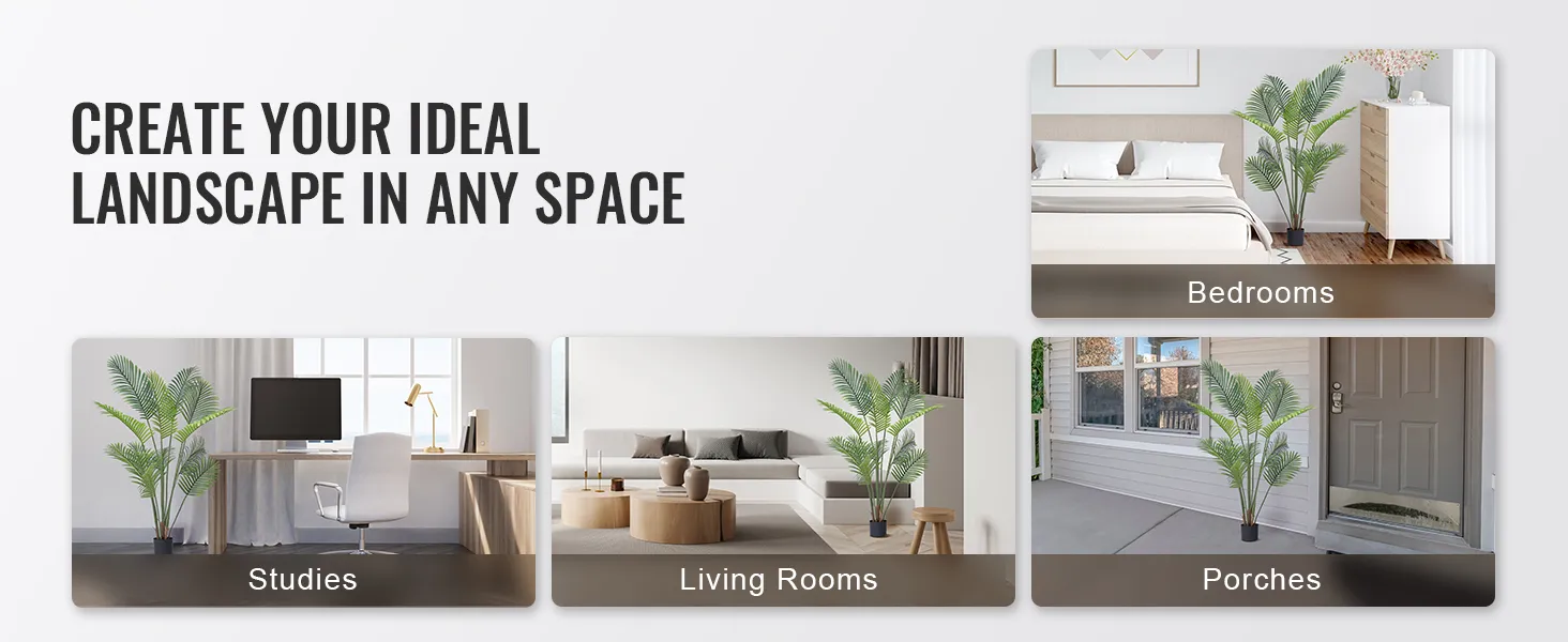 VEVOR artificial palm tree in various spaces: bedrooms, studies, living rooms, and porches.