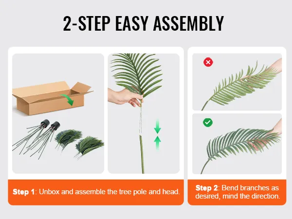 2-step easy assembly guide for VEVOR artificial palm tree, showing unboxing, assembling, and branch bending.