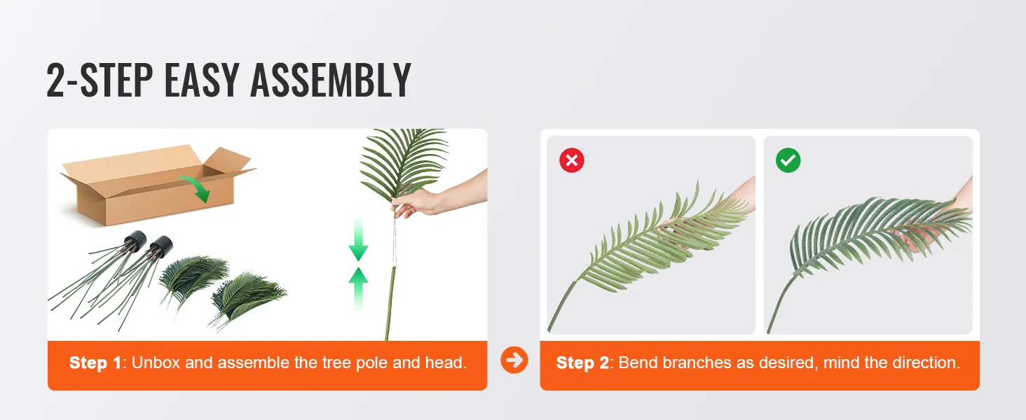 2-step easy assembly guide for VEVOR artificial palm tree, showing unboxing, assembling, and branch bending.