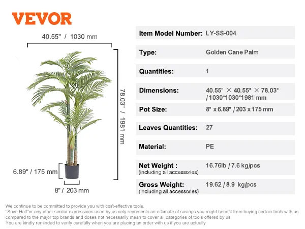 VEVOR artificial gold cane palm tree, 78.03 inches tall with 27 leaves and a 203x175mm pot size.