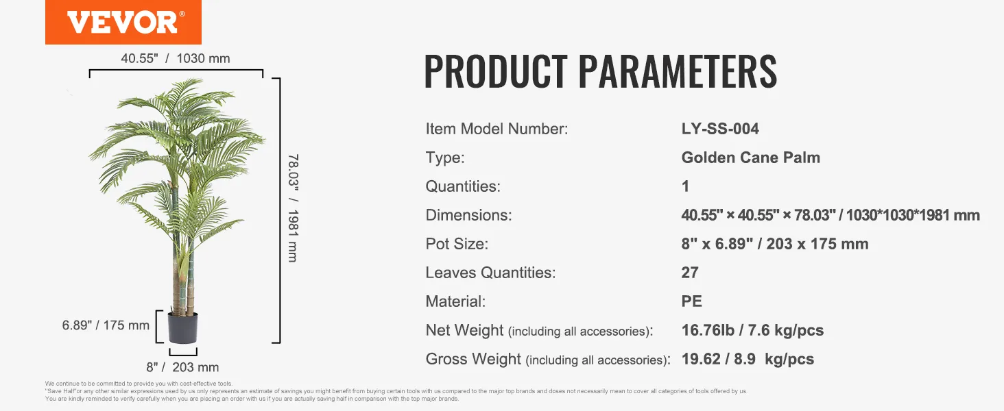 VEVOR artificial gold cane palm tree, 78.03 inches tall with 27 leaves and a 203x175mm pot size.