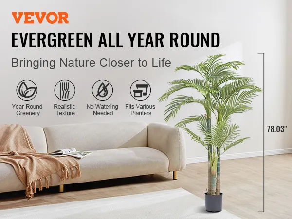 VEVOR artificial gold cane palm tree in living room, year-round greenery, realistic texture, 78.03" tall.