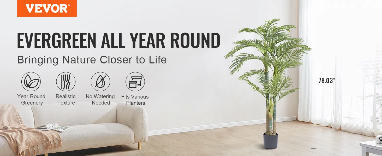VEVOR artificial gold cane palm tree in living room, year-round greenery, realistic texture, 78.03" tall.
