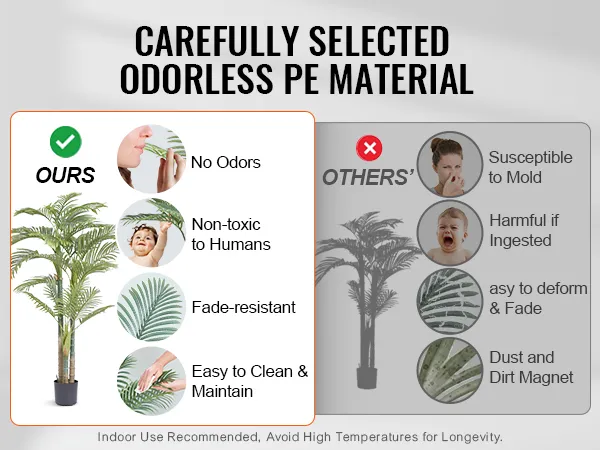 VEVOR artificial gold cane palm tree is non-toxic, odorless, fade-resistant, and easy to clean.