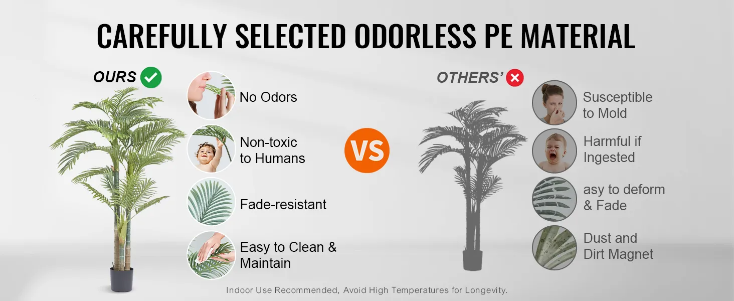 VEVOR artificial gold cane palm tree is non-toxic, odorless, fade-resistant, and easy to clean.