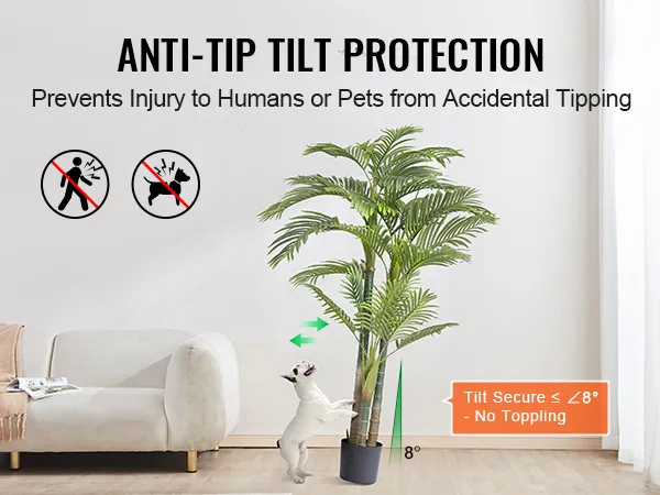 VEVOR artificial gold cane palm tree with anti-tip protection, highlighting pet safety and stability.