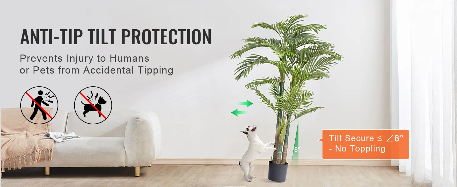 VEVOR artificial gold cane palm tree with anti-tip protection, highlighting pet safety and stability.