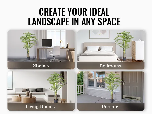 VEVOR artificial gold cane palm tree displayed in bedrooms, living rooms, studies, and porches.