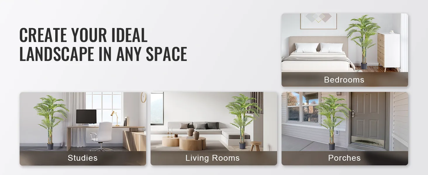 VEVOR artificial gold cane palm tree displayed in bedrooms, living rooms, studies, and porches.