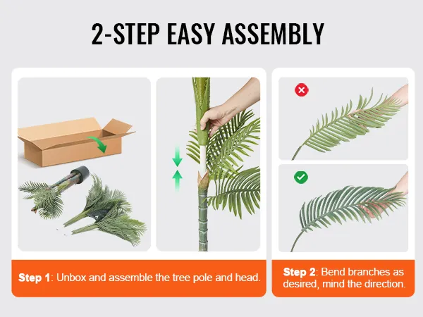 2-step assembly guide for VEVOR artificial gold cane palm tree: unbox, assemble, and bend branches.