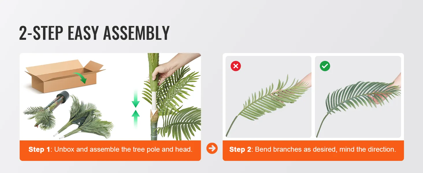 2-step assembly guide for VEVOR artificial gold cane palm tree: unbox, assemble, and bend branches.