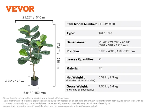 VEVOR artificial fiddle leaf fig tree, 47.64" tall with 21 pe leaves, pot size 5.91" x 4.92".