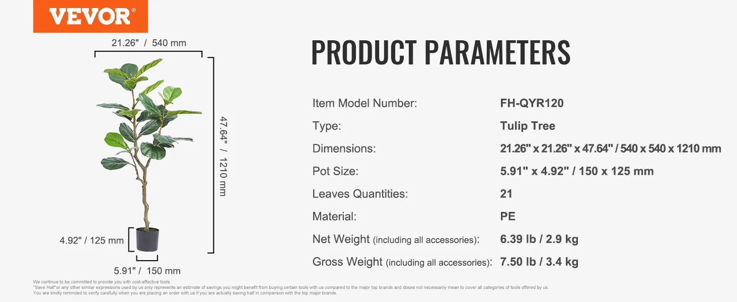 VEVOR artificial fiddle leaf fig tree, 47.64" tall with 21 pe leaves, pot size 5.91" x 4.92".