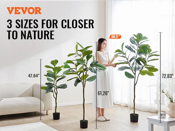 VEVOR artificial fiddle leaf fig tree in 3 sizes with a sofa and a person adjusting the tallest tree.