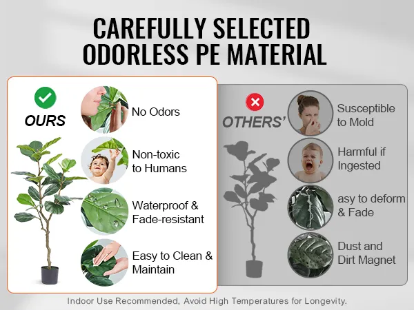 VEVOR artificial fiddle leaf fig tree, no odors, non-toxic, waterproof, fade-resistant, easy to maintain.