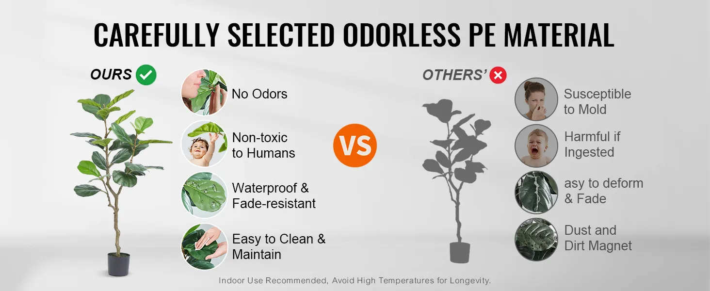 VEVOR artificial fiddle leaf fig tree, no odors, non-toxic, waterproof, fade-resistant, easy to maintain.