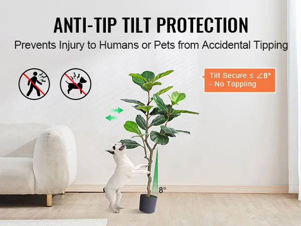 VEVOR artificial fiddle leaf fig tree with anti-tip protection, dog reaching tree, prevents accidental tipping.