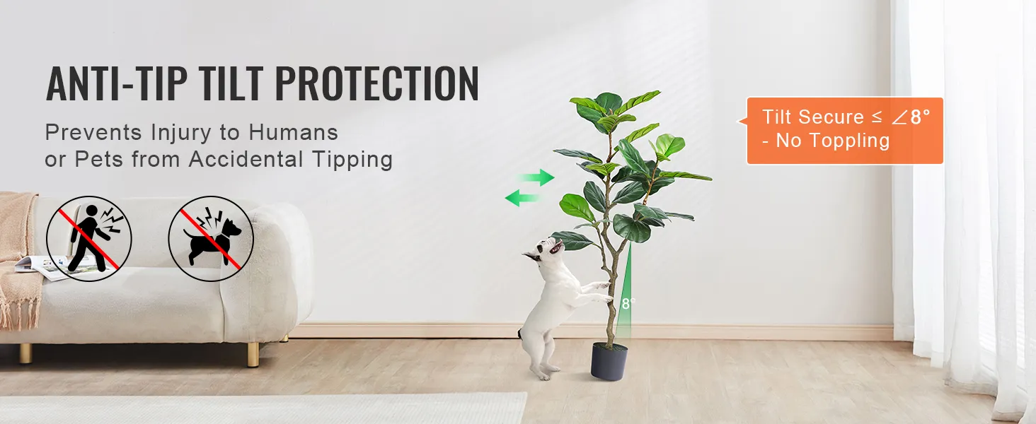 VEVOR artificial fiddle leaf fig tree with anti-tip protection, dog reaching tree, prevents accidental tipping.