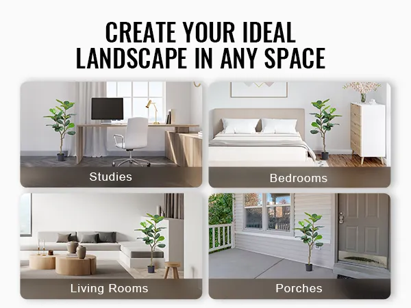 VEVOR artificial fiddle leaf fig tree in studies, living rooms, bedrooms, and porches, enhancing spaces.