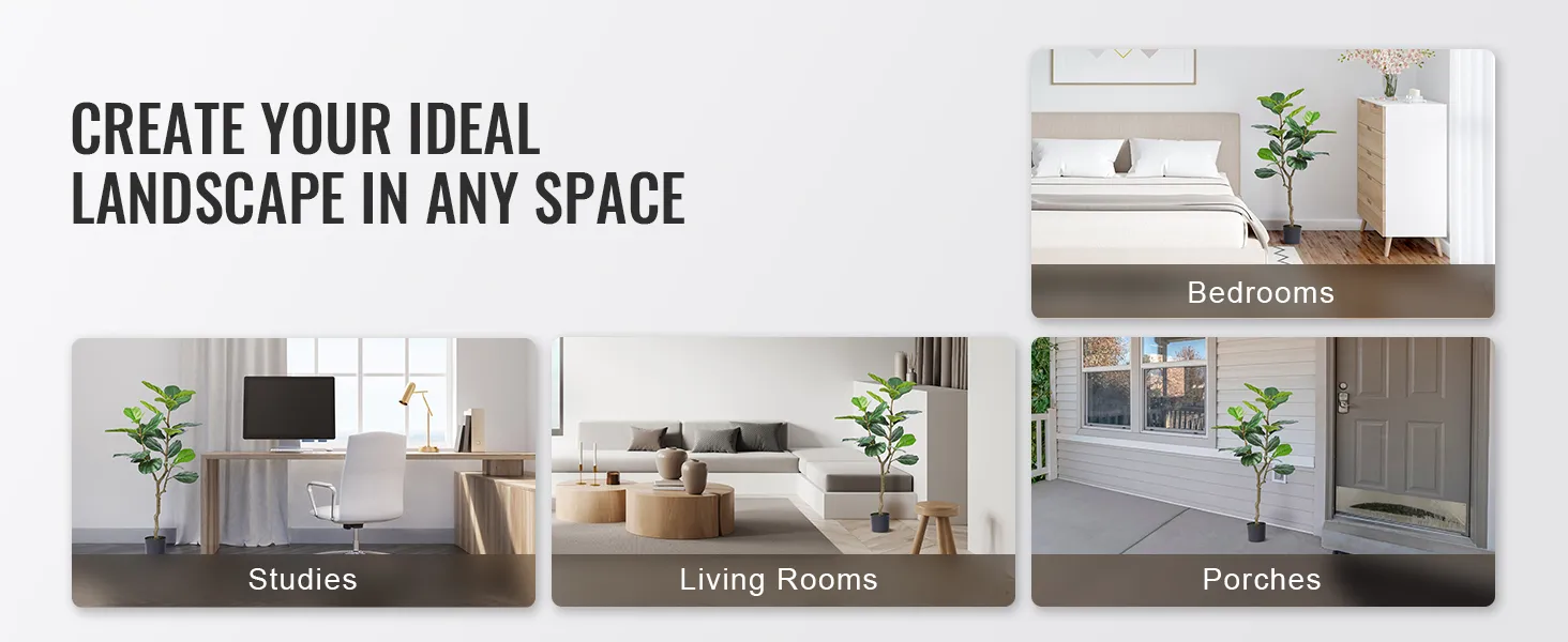 VEVOR artificial fiddle leaf fig tree in studies, living rooms, bedrooms, and porches, enhancing spaces.