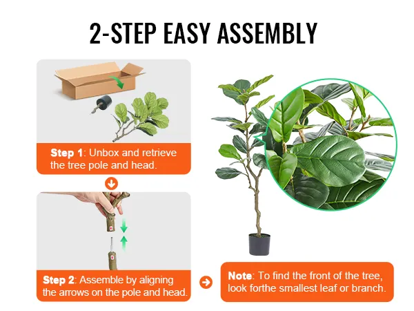 2-step easy assembly for VEVOR artificial fiddle leaf fig tree: unbox, align arrows, and adjust leaves.