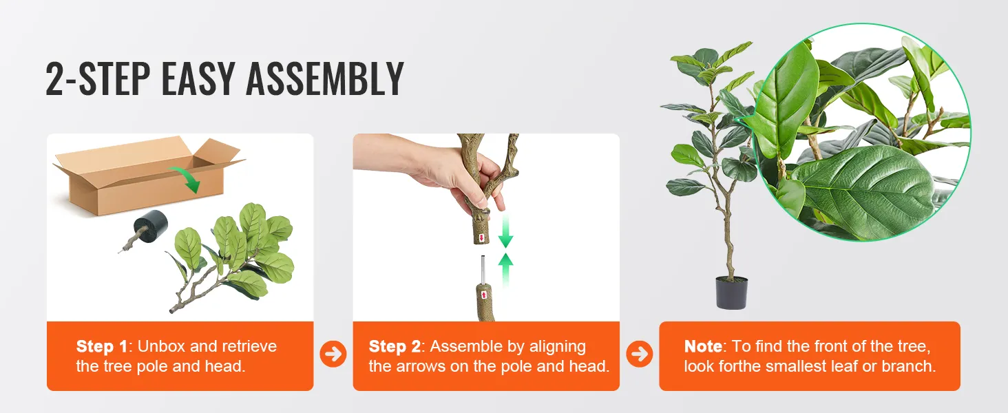 2-step easy assembly for VEVOR artificial fiddle leaf fig tree: unbox, align arrows, and adjust leaves.
