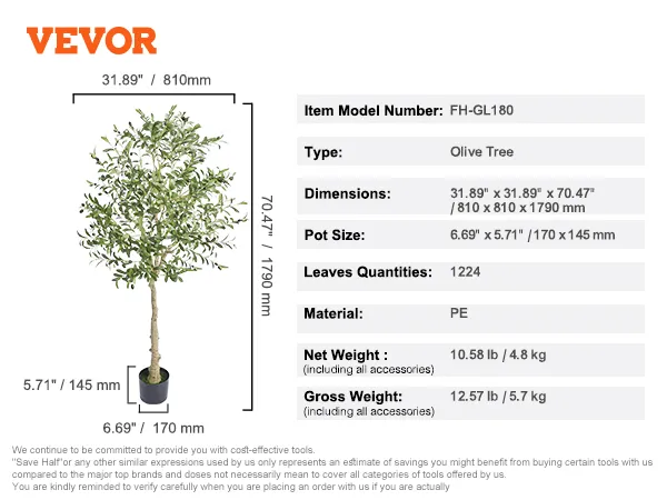 VEVOR artificial olive tree dimensions and specifications with measurements and weight details.