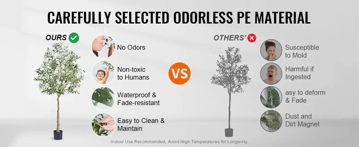VEVOR artificial olive tree made from odorless pe material, non-toxic, waterproof, and easy to maintain.