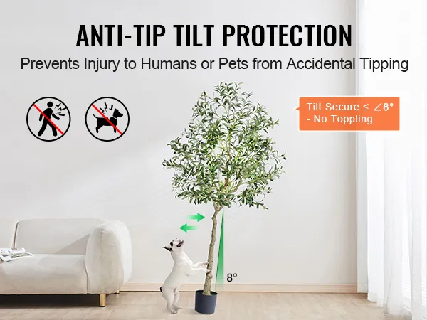 VEVOR artificial olive tree with anti-tip protection, safe for pets and humans, secure at ≤ 8° tilt.