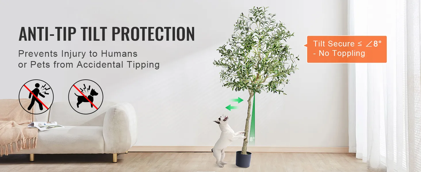 VEVOR artificial olive tree with anti-tip protection, safe for pets and humans, secure at ≤ 8° tilt.