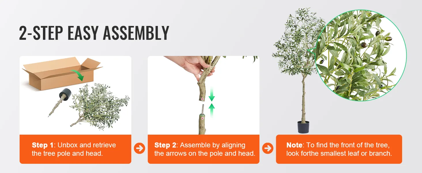 2-step assembly for VEVOR artificial olive tree showing unboxing, aligning poles, and a close-up of leaves.