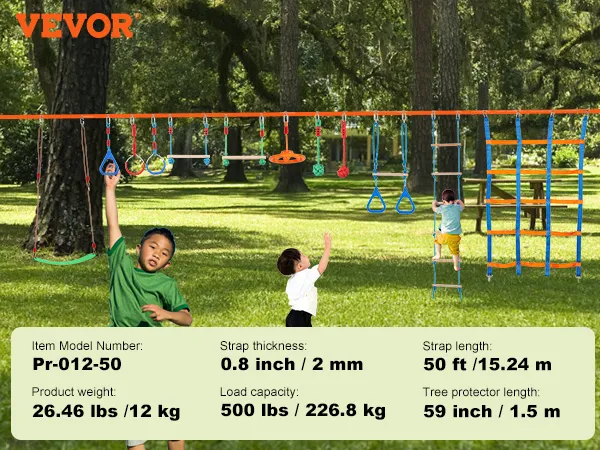 Percorso a ostacoli VEVOR Ninja Warrior con vari ostacoli sospesi e bambini che giocano in un parco lussureggiante.