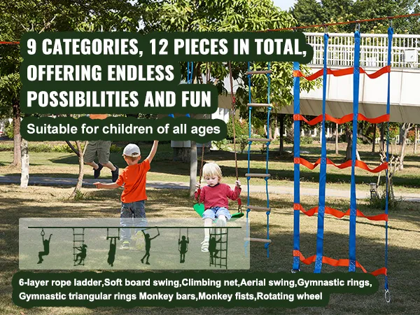 Percorso a ostacoli VEVOR Ninja Warrior con 12 pezzi per bambini, tra cui una scala di corda, altalene e traverse per arrampicarsi.