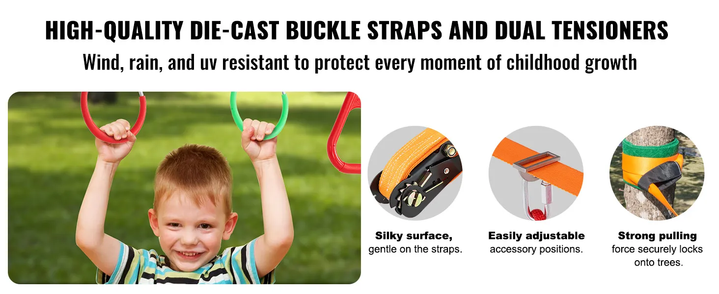 bambino sul percorso a ostacoli ninja warrior di VEVOR con cinturini con fibbia pressofusa e doppi tenditori.
