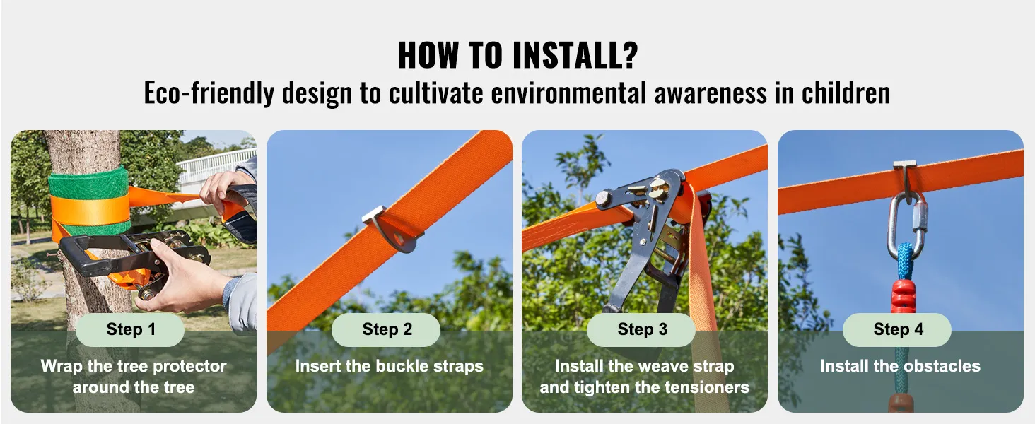 come installare il percorso ad ostacoli VEVOR Ninja Warrior: avvolgere la protezione dell'albero, inserire le cinghie con fibbia, installare la cinghia intrecciata e stringere, fissare gli ostacoli.