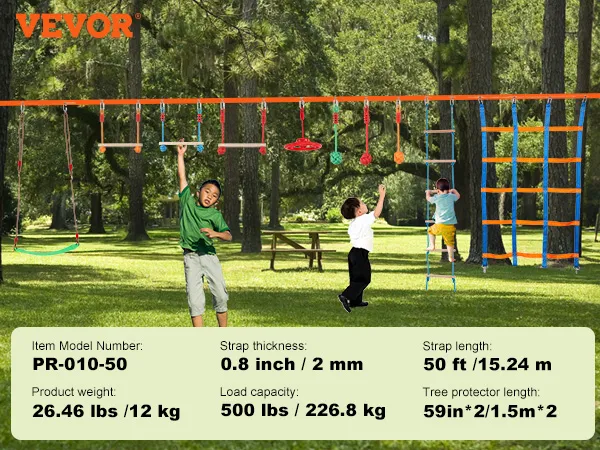 children playing on VEVOR ninja warrior obstacle course in a park with various hanging obstacles and rope ladders.