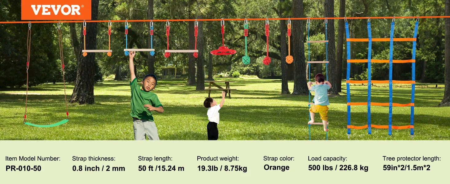 children playing on VEVOR ninja warrior obstacle course in a park with various hanging obstacles and rope ladders.