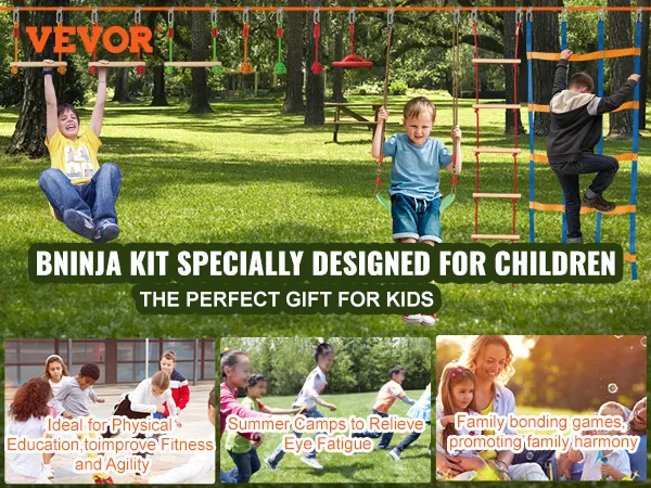 children enjoying VEVOR ninja warrior obstacle course in park, ideal for fitness, play, and family fun.