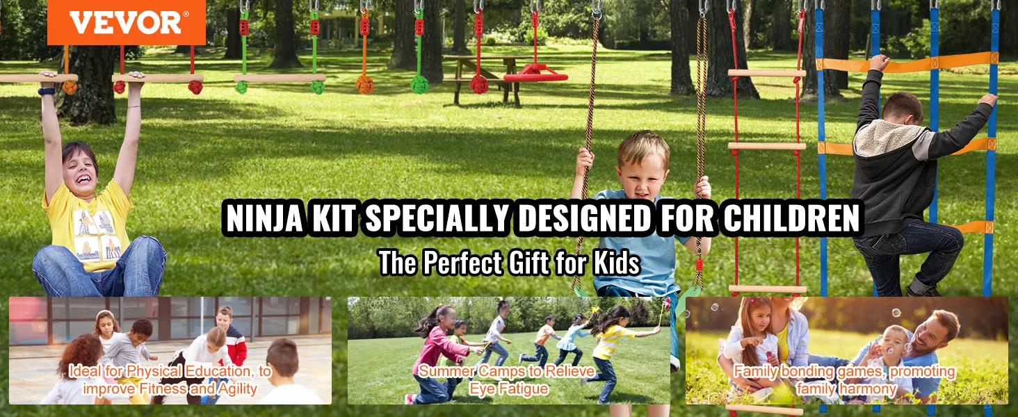 children enjoying VEVOR ninja warrior obstacle course in park, ideal for fitness, play, and family fun.